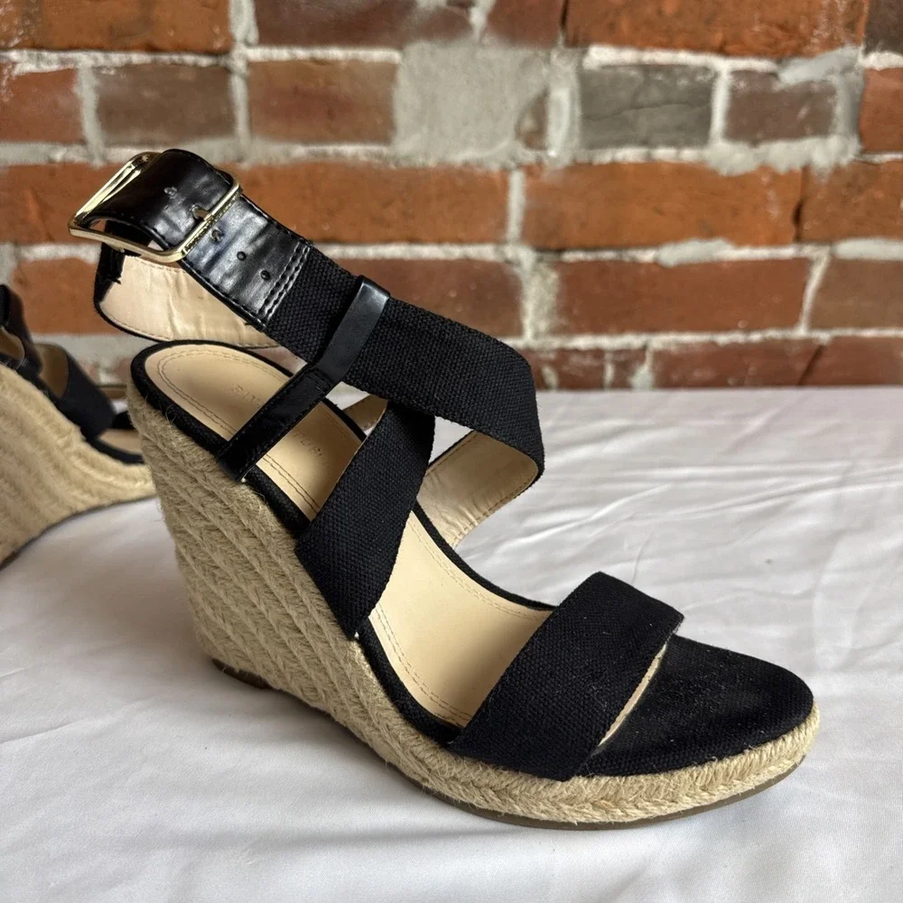 Banana Republic Black‎ Canvas Espadrille Wedge Heel Sandal Leather Trim Size 8